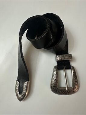 Women's Black Leather Belt with Engraved Silver Buckle
